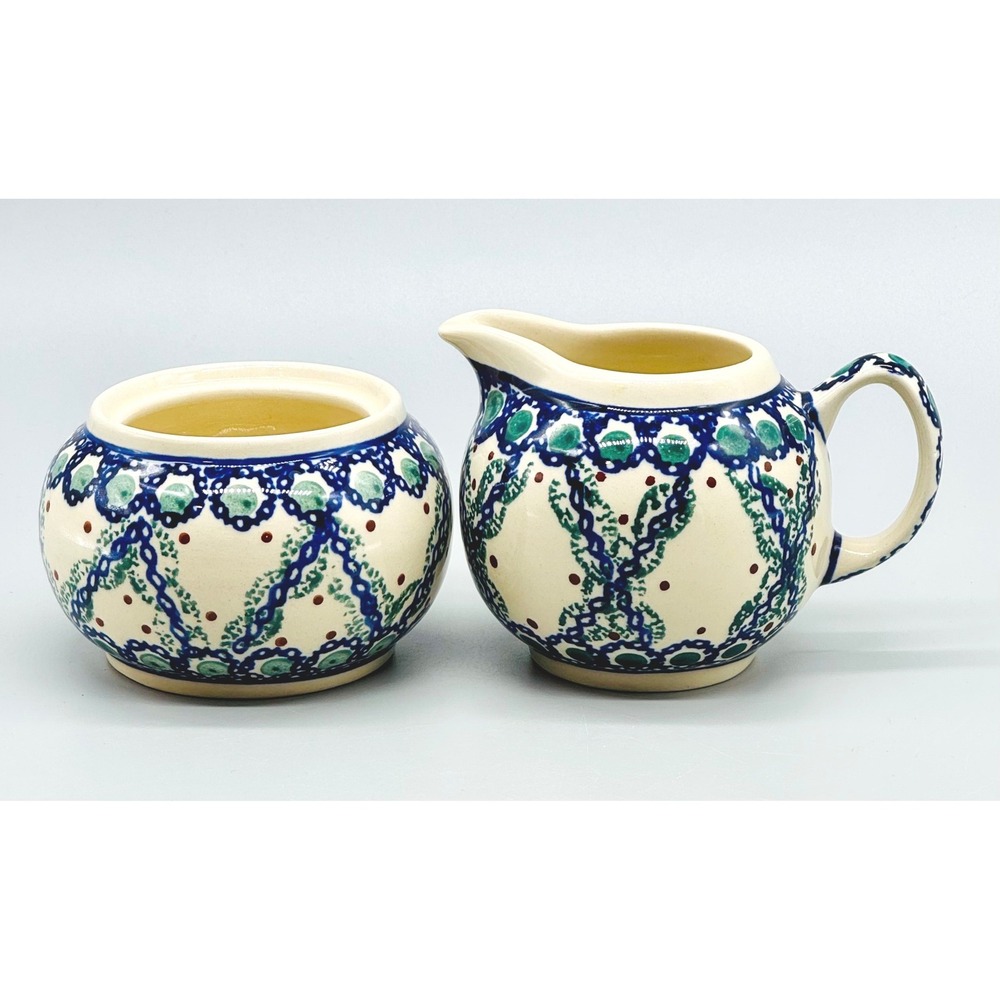 Boleslawiec Creamer and Sugar Bowl Set Mediterranean Wave Polish Pottery‎